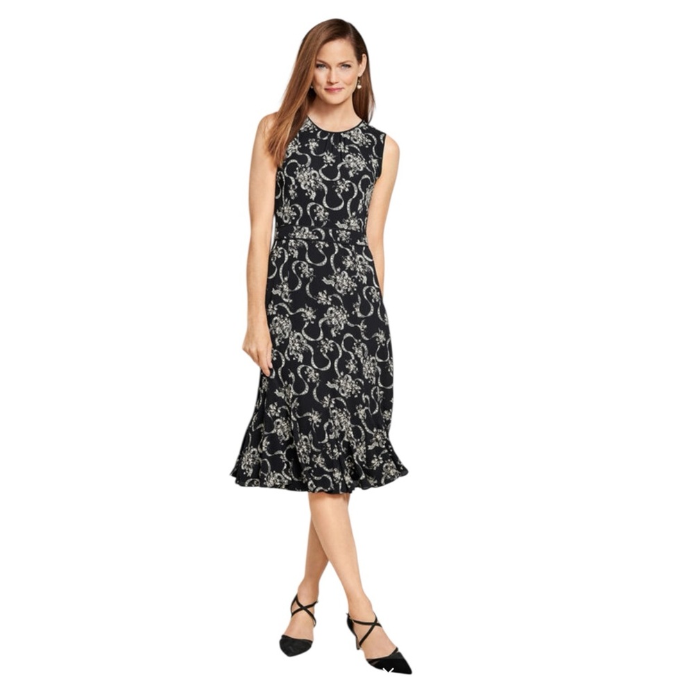 NWT Talbots Floral Crepe Fit & Flare Dress Sleeveless Black White Chic Womens 8P